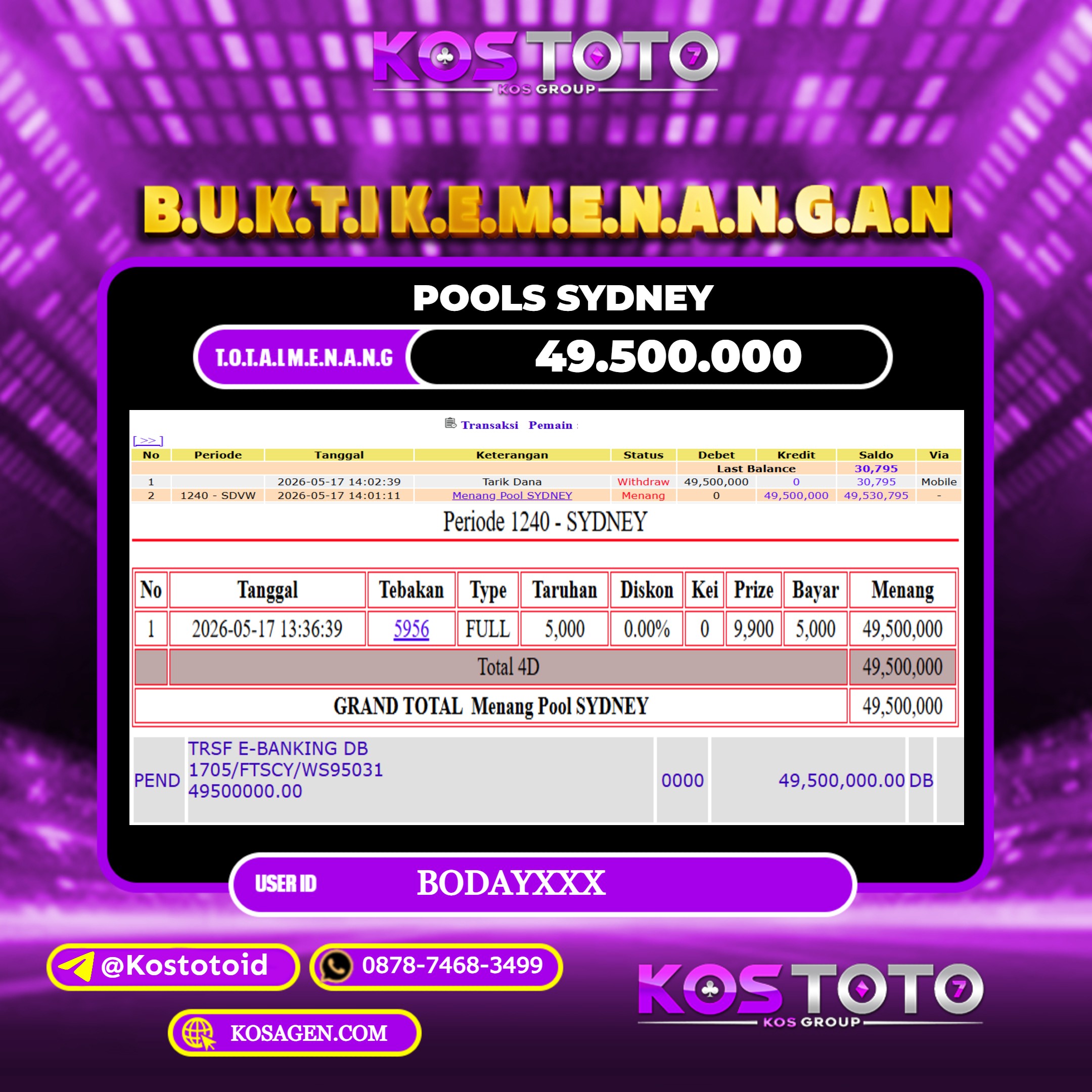 KOSTOTO JACKPOT TOGEL POOLS SYDNEY Rp.49.500.000,- LUNAS USER ID : BODAY***