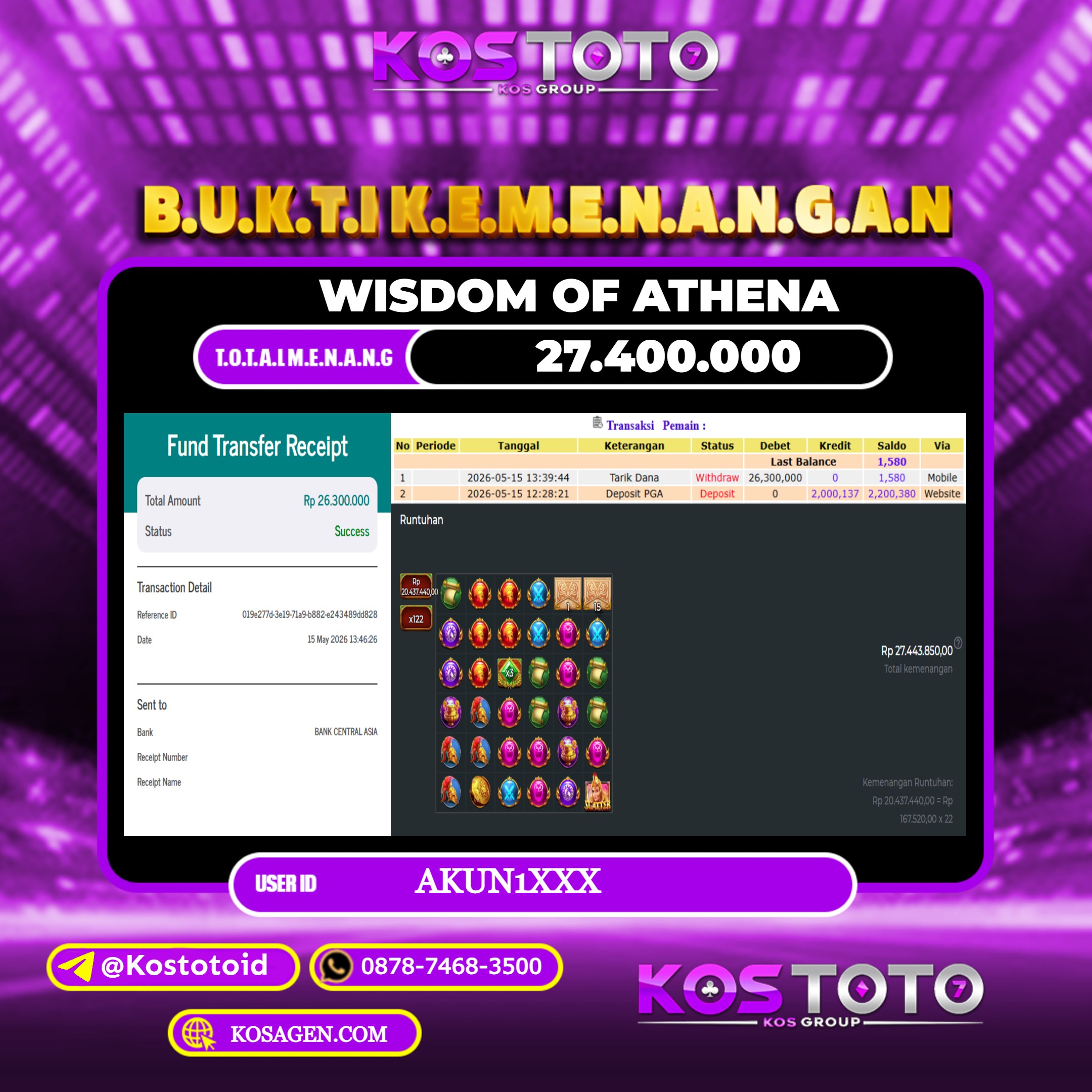KOSTOTO JACKPOT SLOT WISDOM OF ATHENA Rp.24.700.000,- LUNAS USER ID : AKUN1***