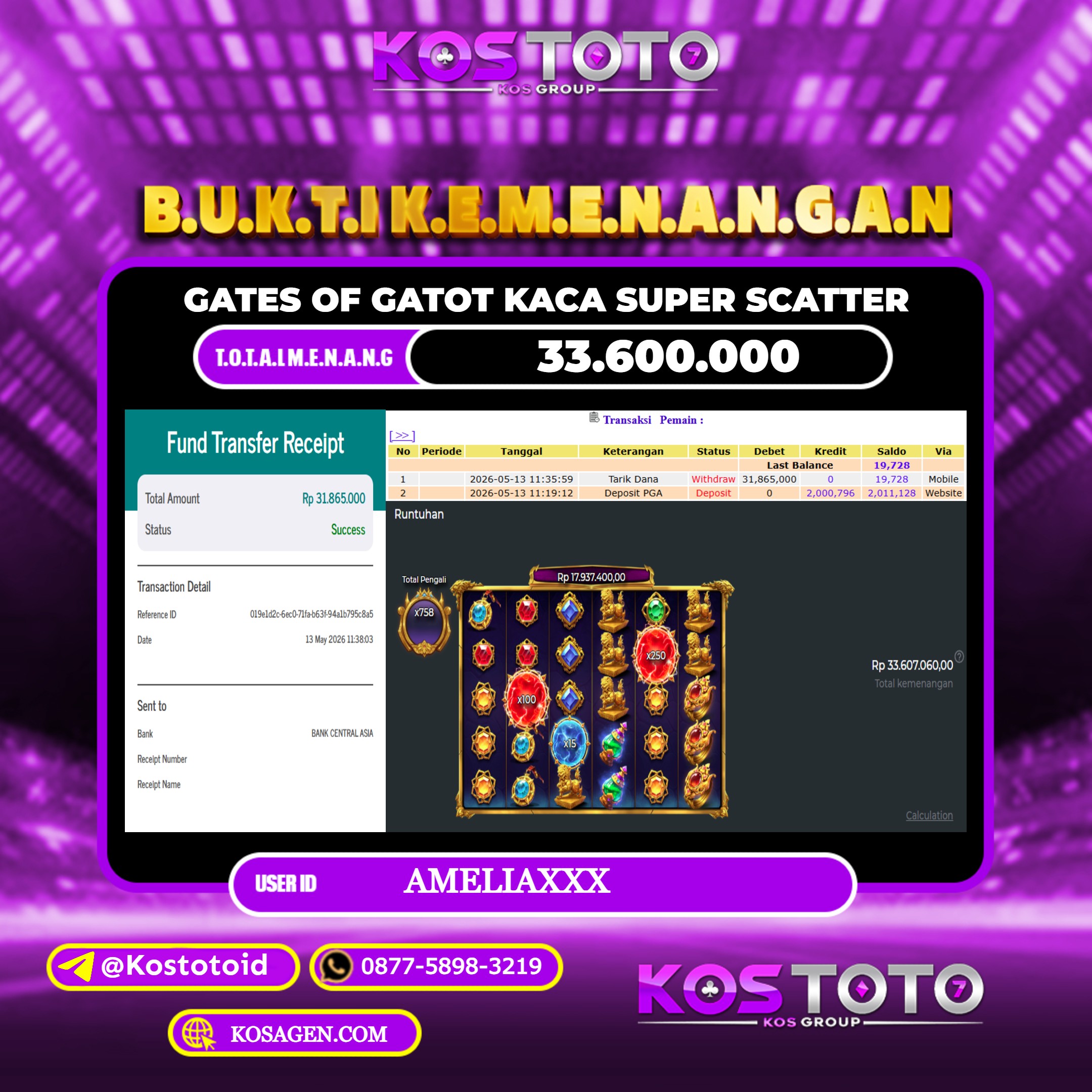 KOSTOTO JACKPOT SLOT GATES OF GATOT KACA SUPER SCATTER Rp.33.600.000,- LUNAS USER ID : AMELIA***