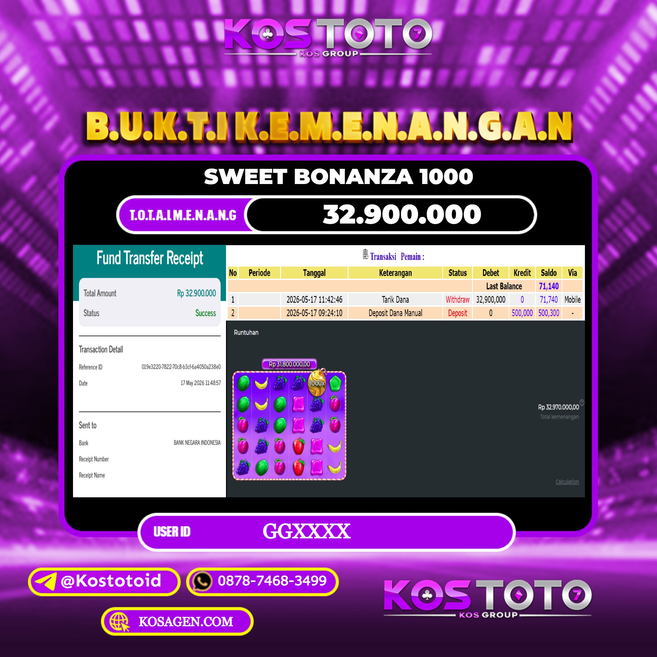 KOSTOTO JACKPOT SLOT SWEET BONANZA 1000 Rp.32.9000.000,- LUNAS USER ID : GGX***
