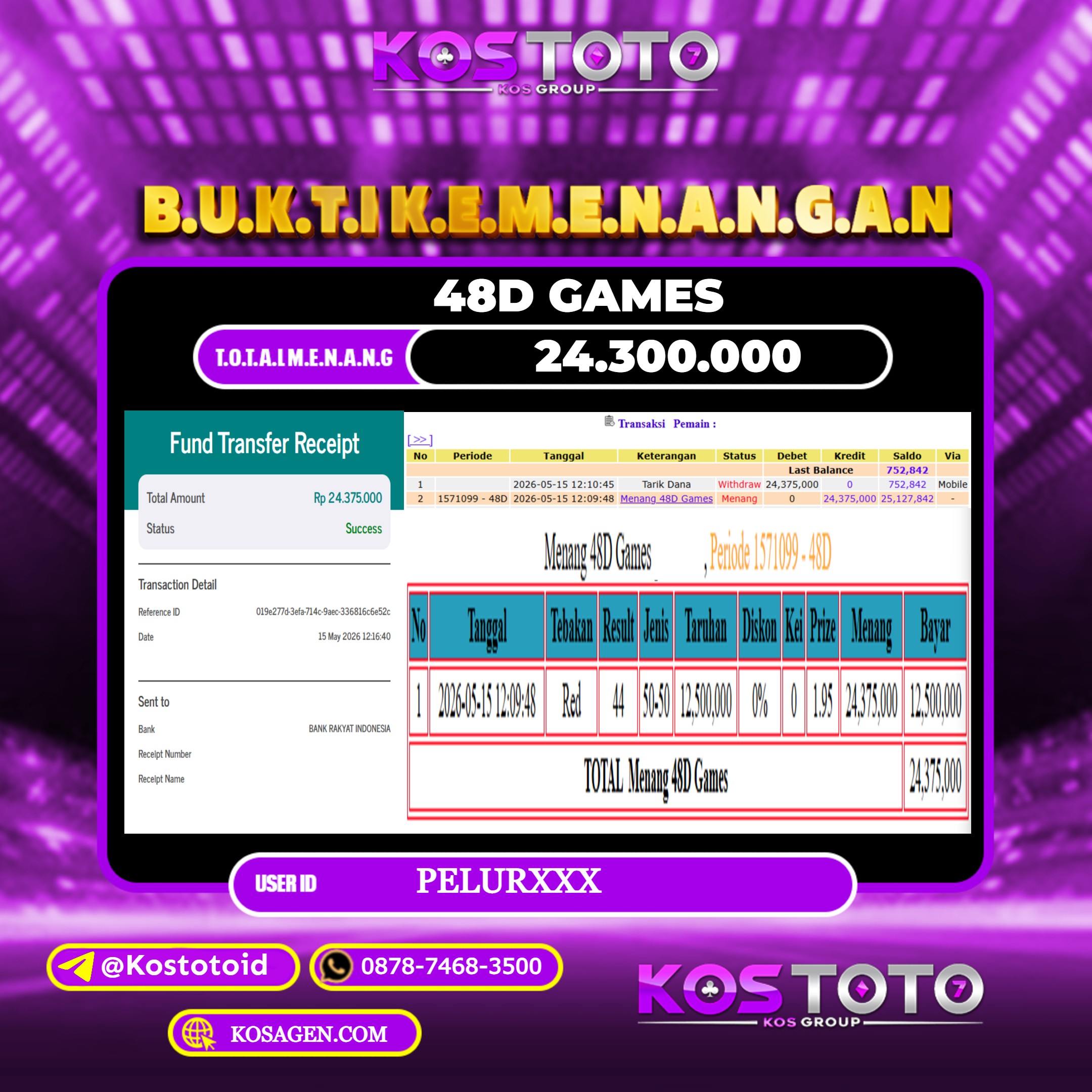 KOSTOTO JACKPOT CASINO 48D GAMES Rp.24.300.000,- LUNAS USER ID : PELUR***