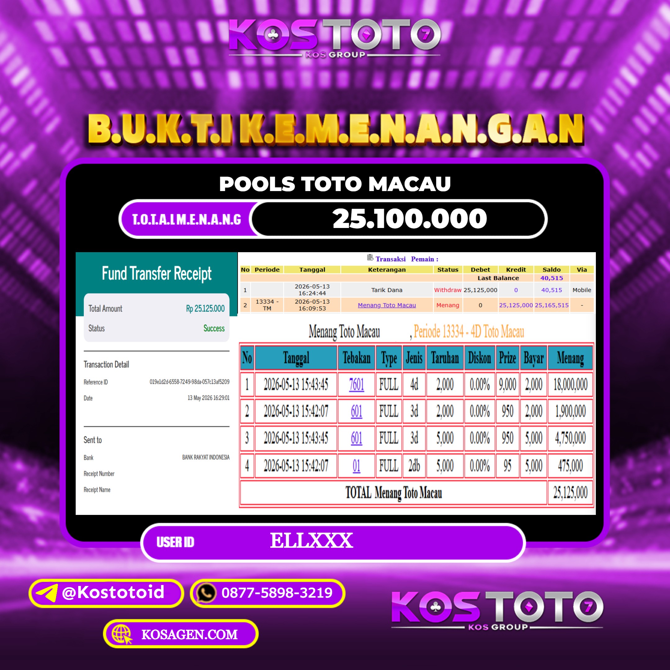 KOSTOTO JACKPOT TOGEL POOLS TOTO MACAU Rp.25.100.000,- LUNAS USER ID : ELL***
