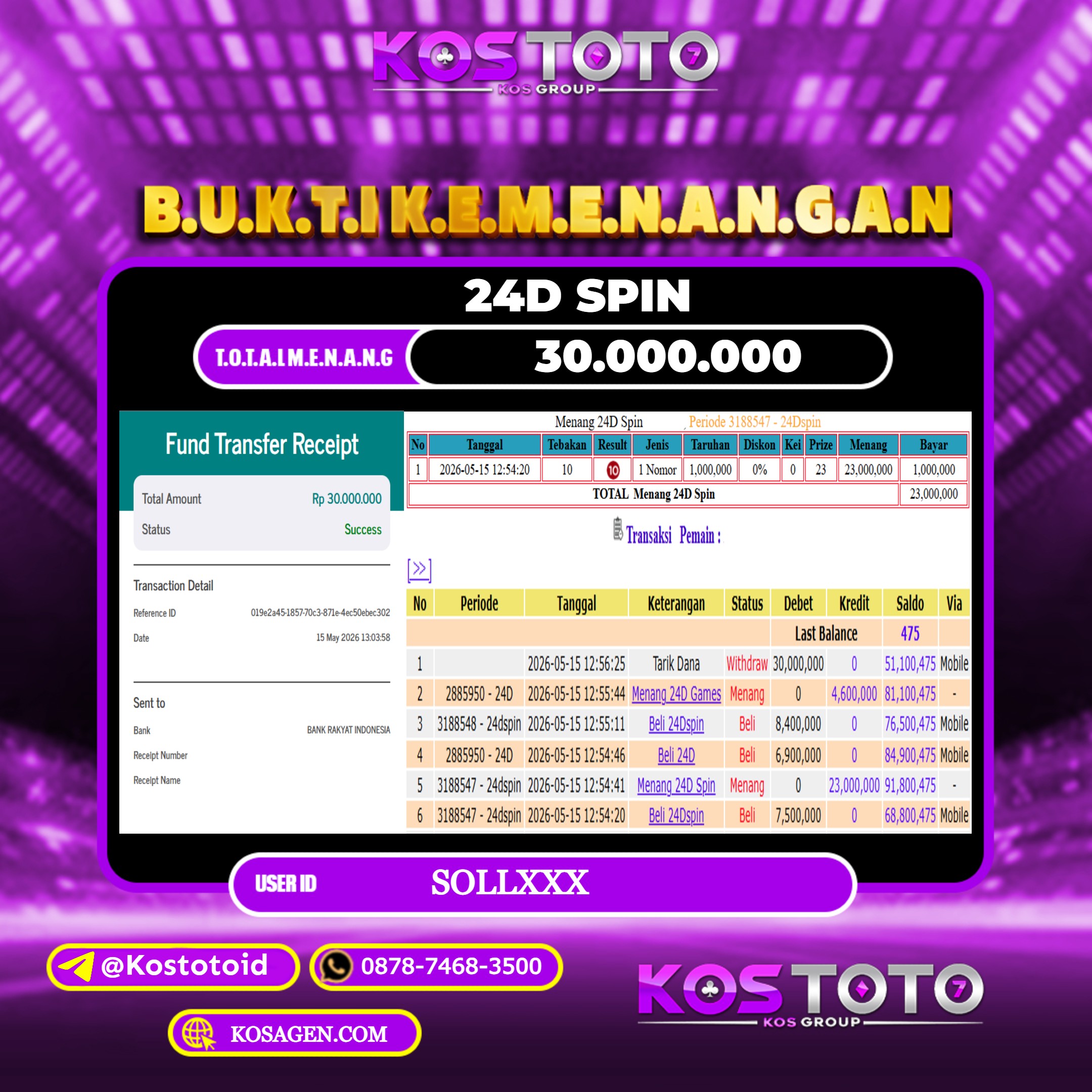 KOSTOTO JACKPOT CASINO 24D SPIN Rp.30.000.000,- LUNAS USER ID : MENG***