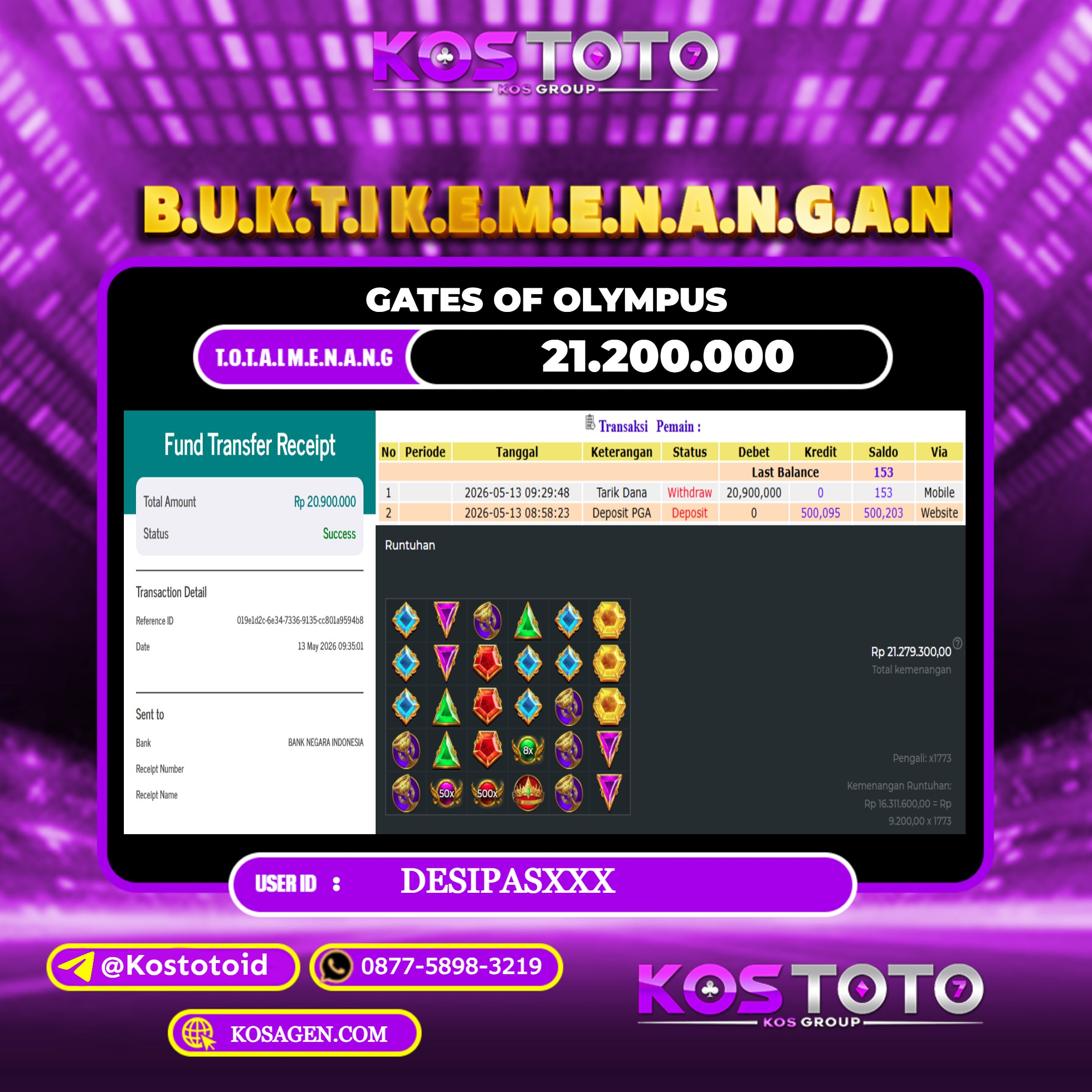 KOSTOTO JACKPOT SLOT GATES OF OLYMPUS Rp.21.200.000,- LUNAS USER ID : DESIPAS***